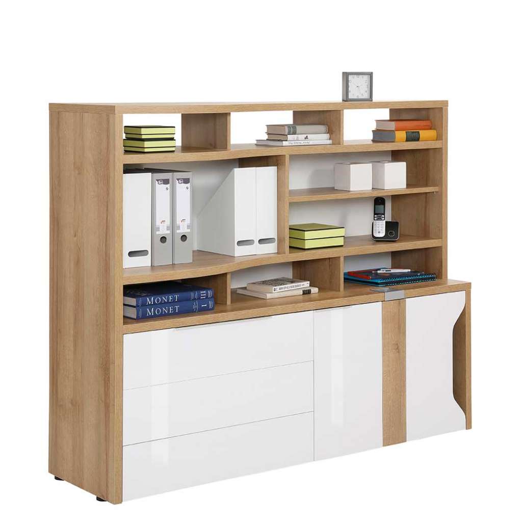 Officeschrank in Weiß Hochglanz und Eiche Optik Made in Germany