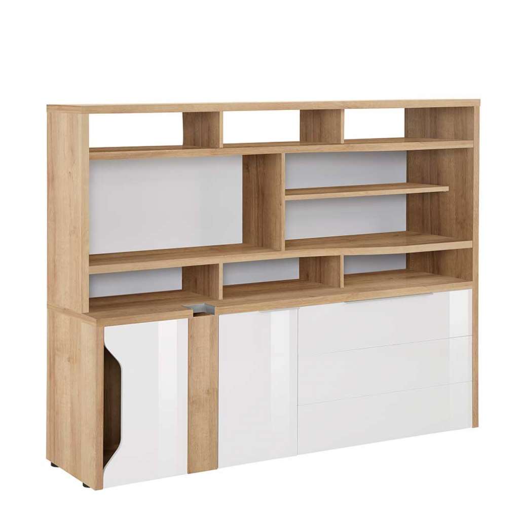 Mini Office in Weiß Hochglanz und Eiche Optik Made in Germany