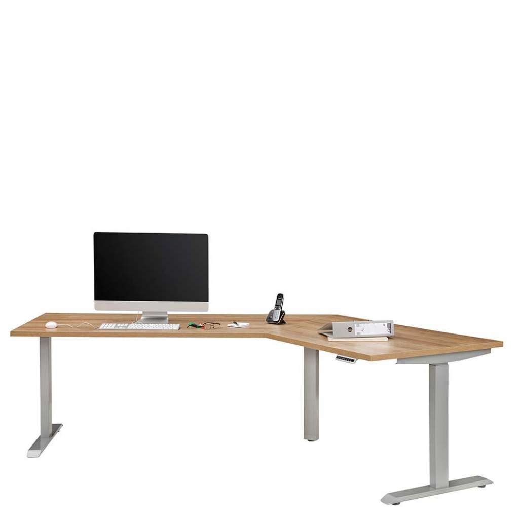 Eckschreibtisch in Eichefarben und Grau höhenverstellbar