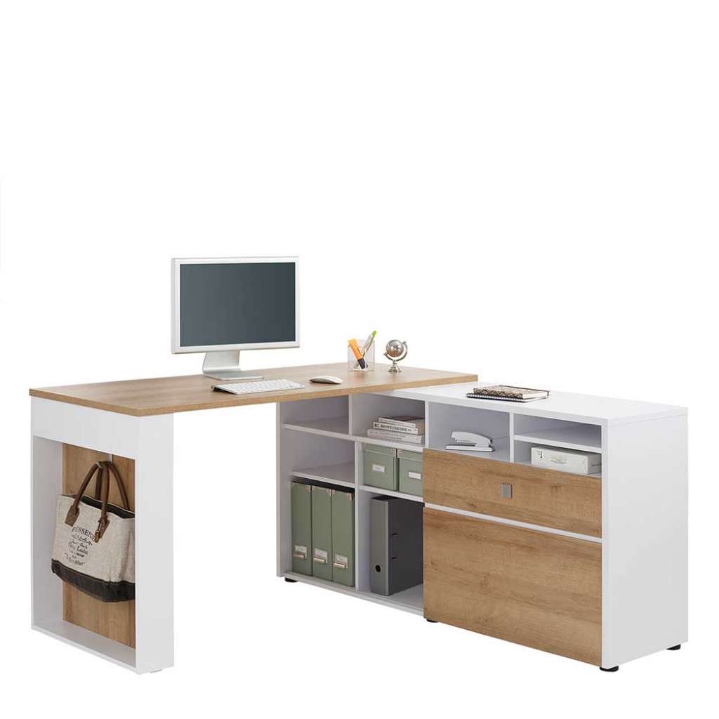 Winkelschreibtisch in Weiß und Eichefarben Made in Germany