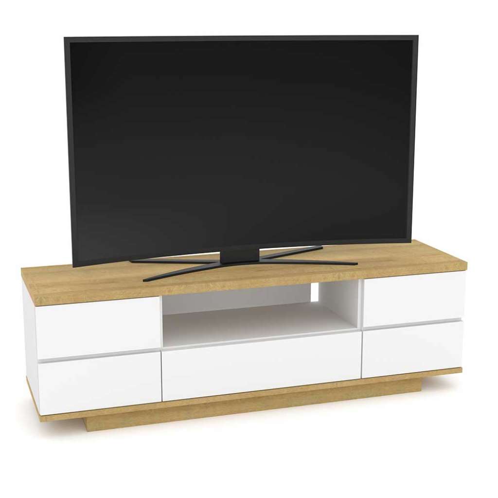 TV Unterschrank in Weiß Hochglanz und Eiche Optik 150 cm breit
