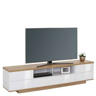TV Lowboard in Weiß Hochglanz und Eiche Optik 200 cm breit