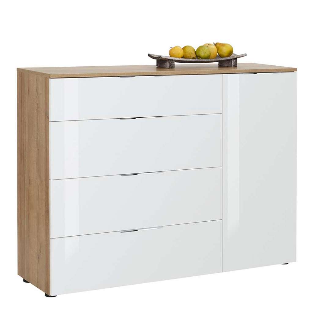 Esszimmersideboard in Weiß und Eiche Optik Glas beschichtet