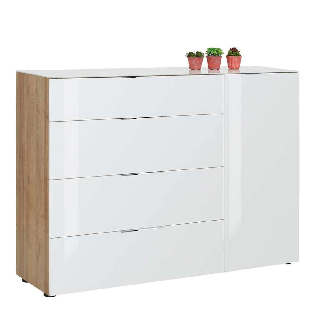 Wohnzimmer Kommode in Weiß und Eiche Optik Glas beschichtet