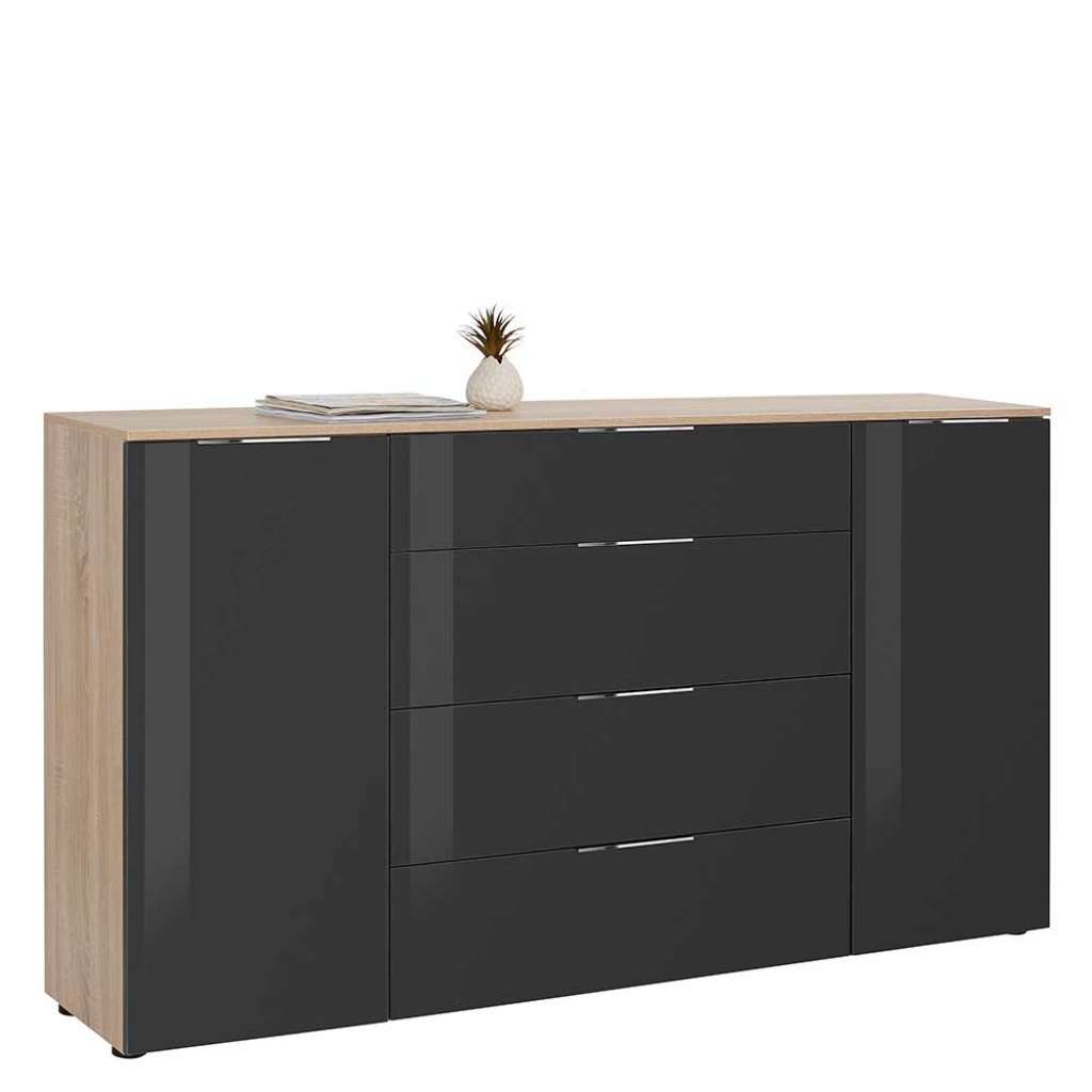 Wohnzimmer Kommode in Anthrazit und Sonoma Eiche Glas beschichtet