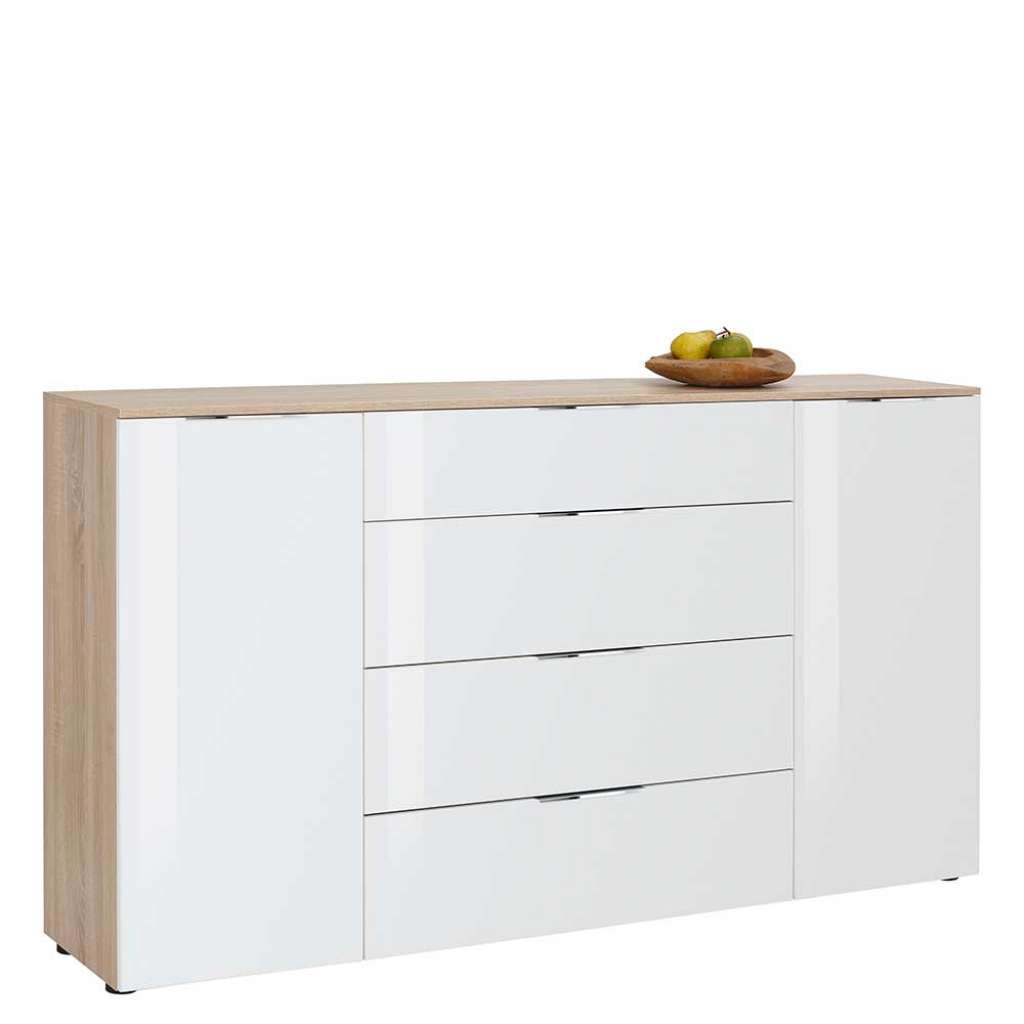 Sideboard in Weiß und Eiche Sonoma Glas beschichtet