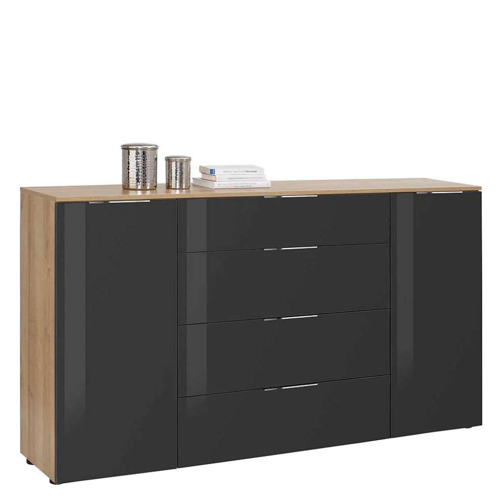 Küchensideboard in Anthrazit und Eiche Optik Glas beschichtet
