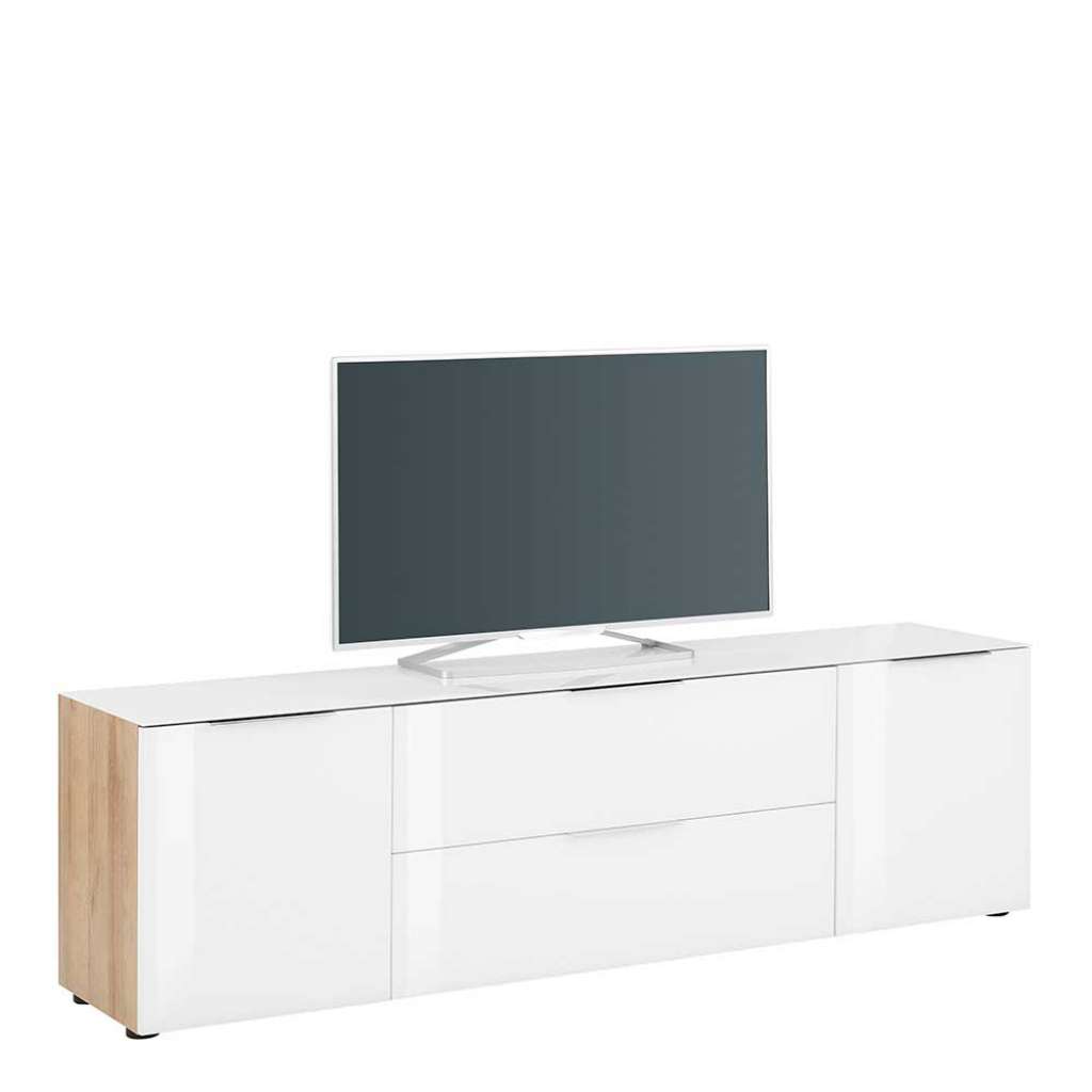 TV Sideboard in Weiß und Eiche Optik Glas beschichtet