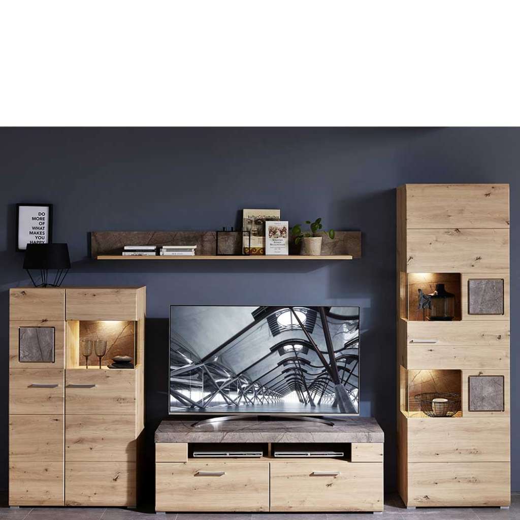 Fernseher Schrankwand in Graubraun und Wildeiche Optik LED Beleuchtung (4-teilig)