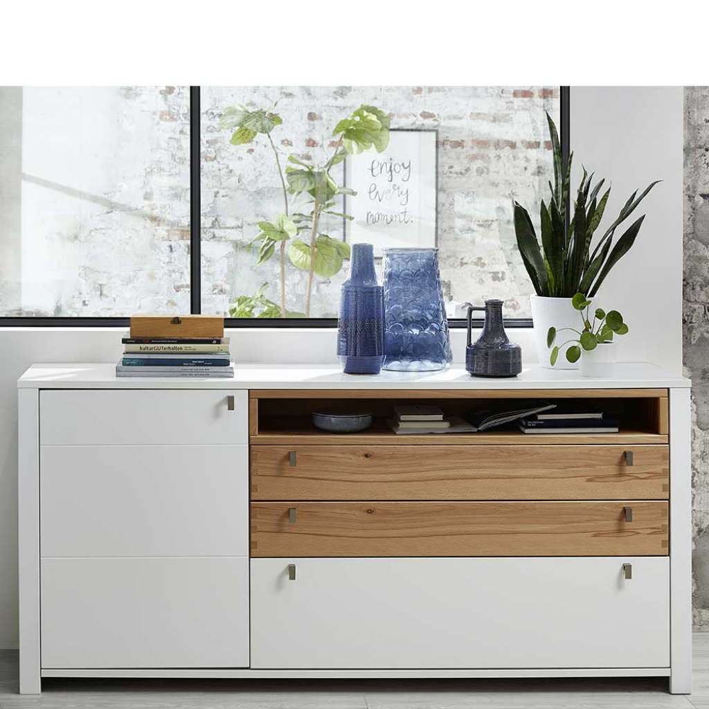 Wohnzimmer Sideboard in Weiß und Wildbuche Optik 90 cm hoch