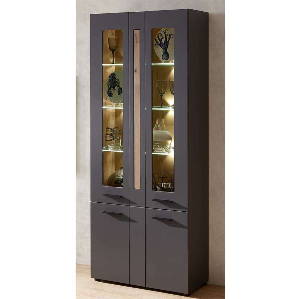 Wohnzimmervitrine in Dunkelgrau und Wildeiche Optik LED Beleuchtung