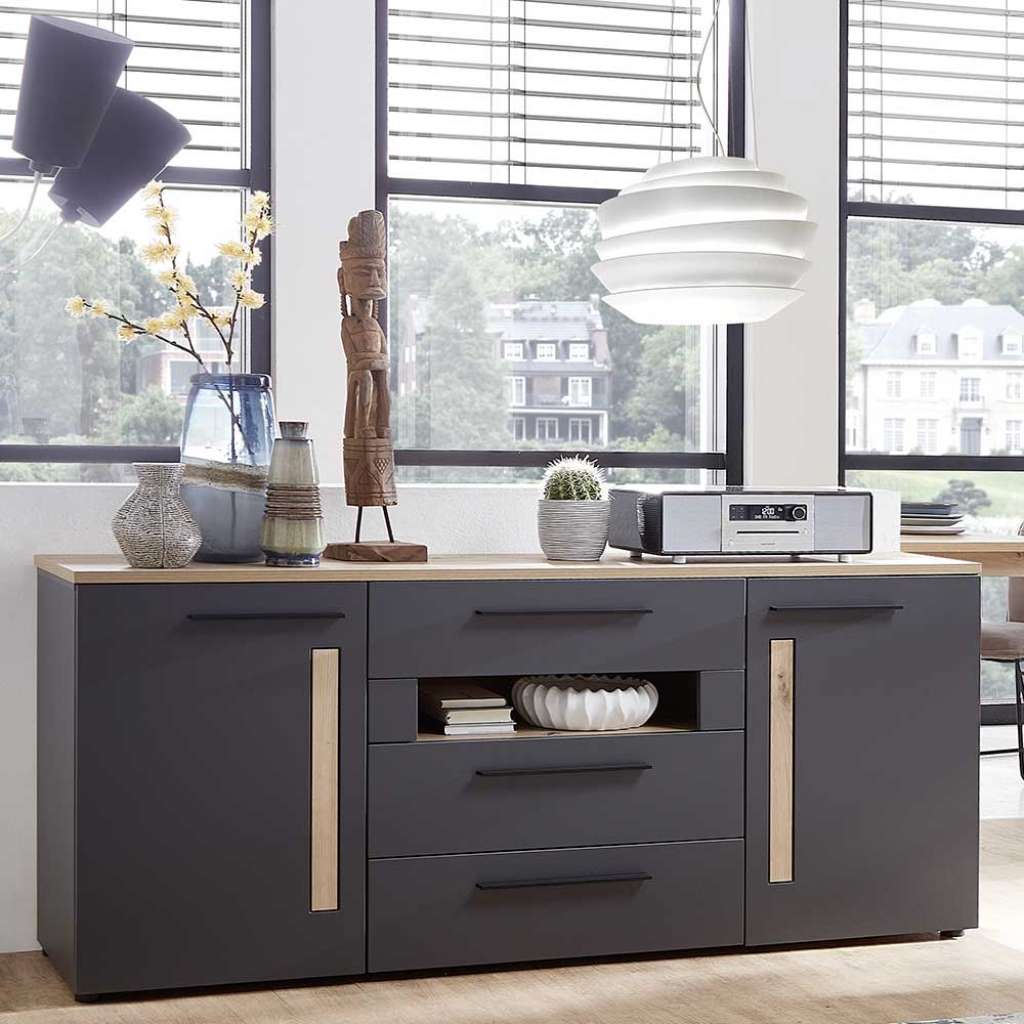 Wohnzimmer Kommode in Dunkelgrau und Wildeiche Optik 180 cm breit