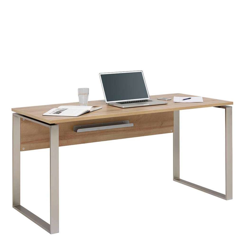 Büroschreibtisch in Eiche Optik und Nickelfarben Bügelgestell