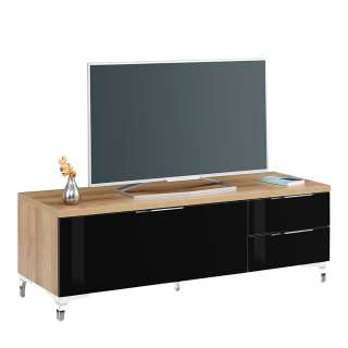 TV Board in Eiche und Schwarz Glas beschichtet 135 cm breit