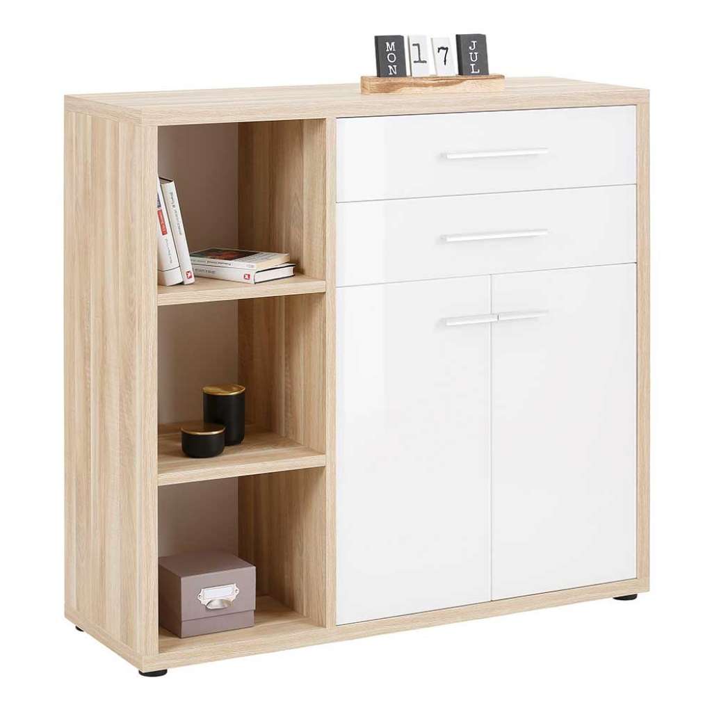 Sideboard mit offenen Fächern Weiß und Eiche Optik
