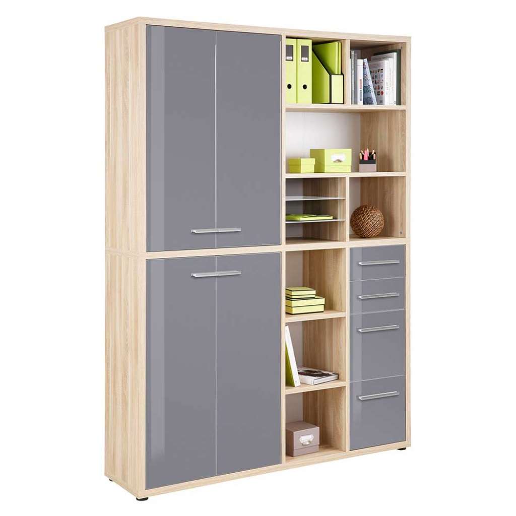 Büro Aktenordnerschrank in Grau und Eiche Optik viel Stauraum