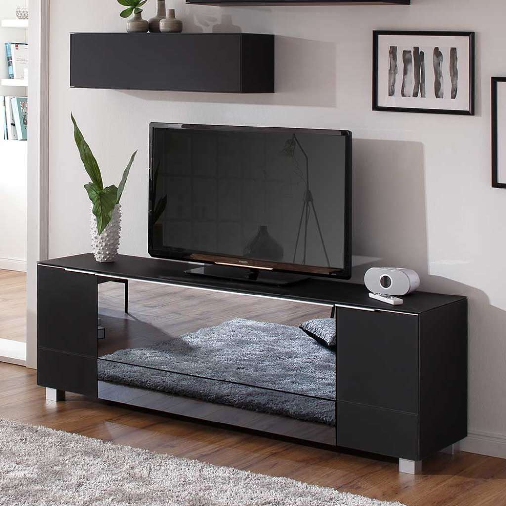 TV Lowboard in Schwarz infrarotdurchlässigem Spiegelglas versehen