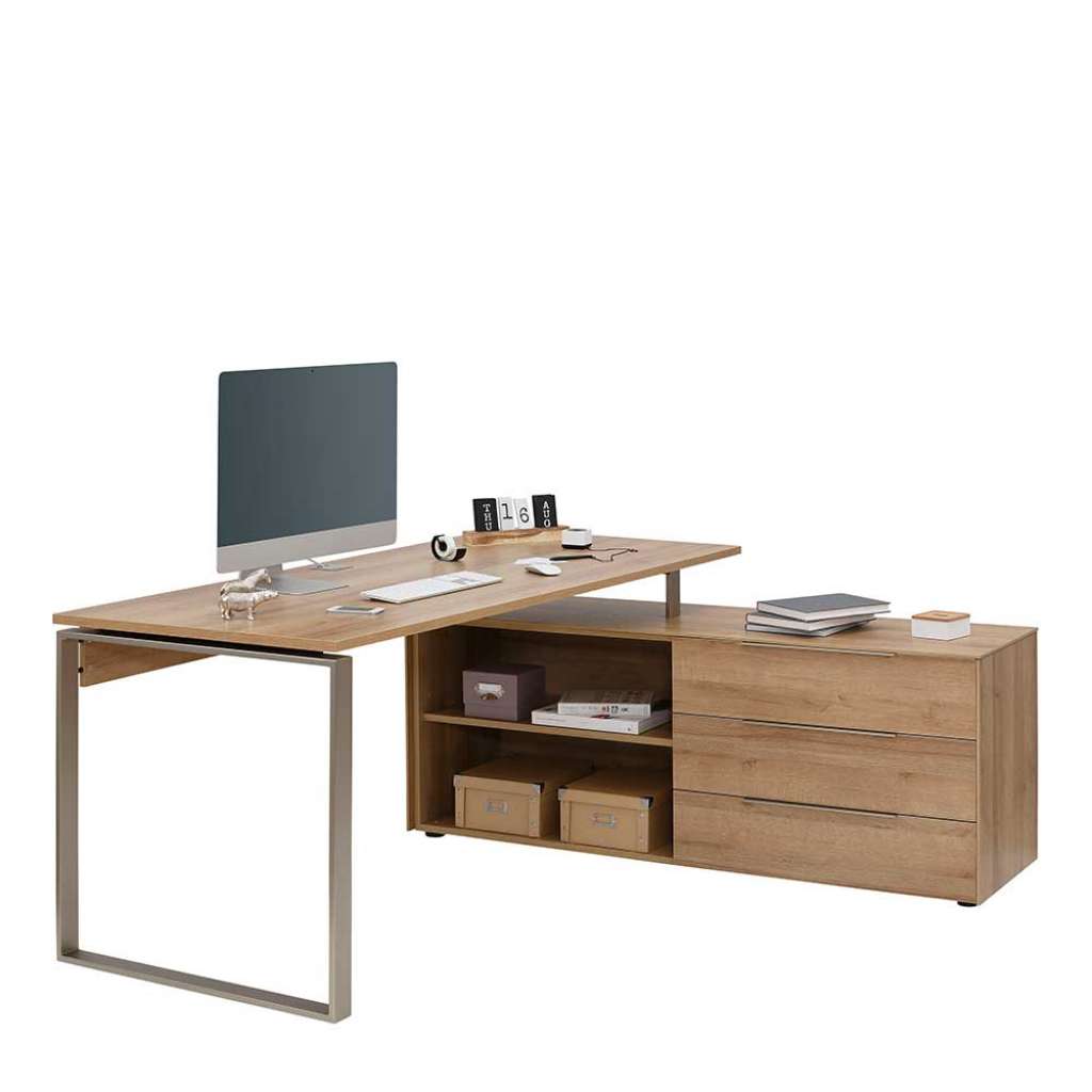 Eckschreibtisch in Eiche Optik und Nickelfarben Seitenschrank