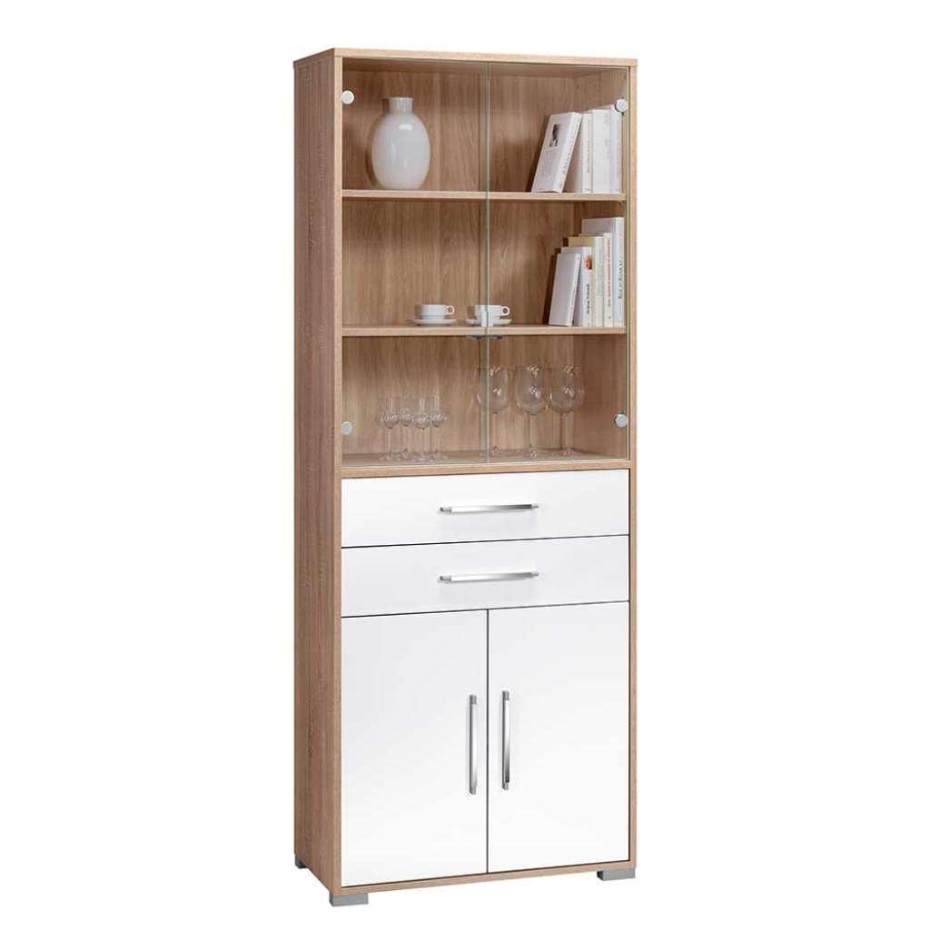 Schrank Vitrine in Weiß Hochglanz und Sonoma Eiche Büro