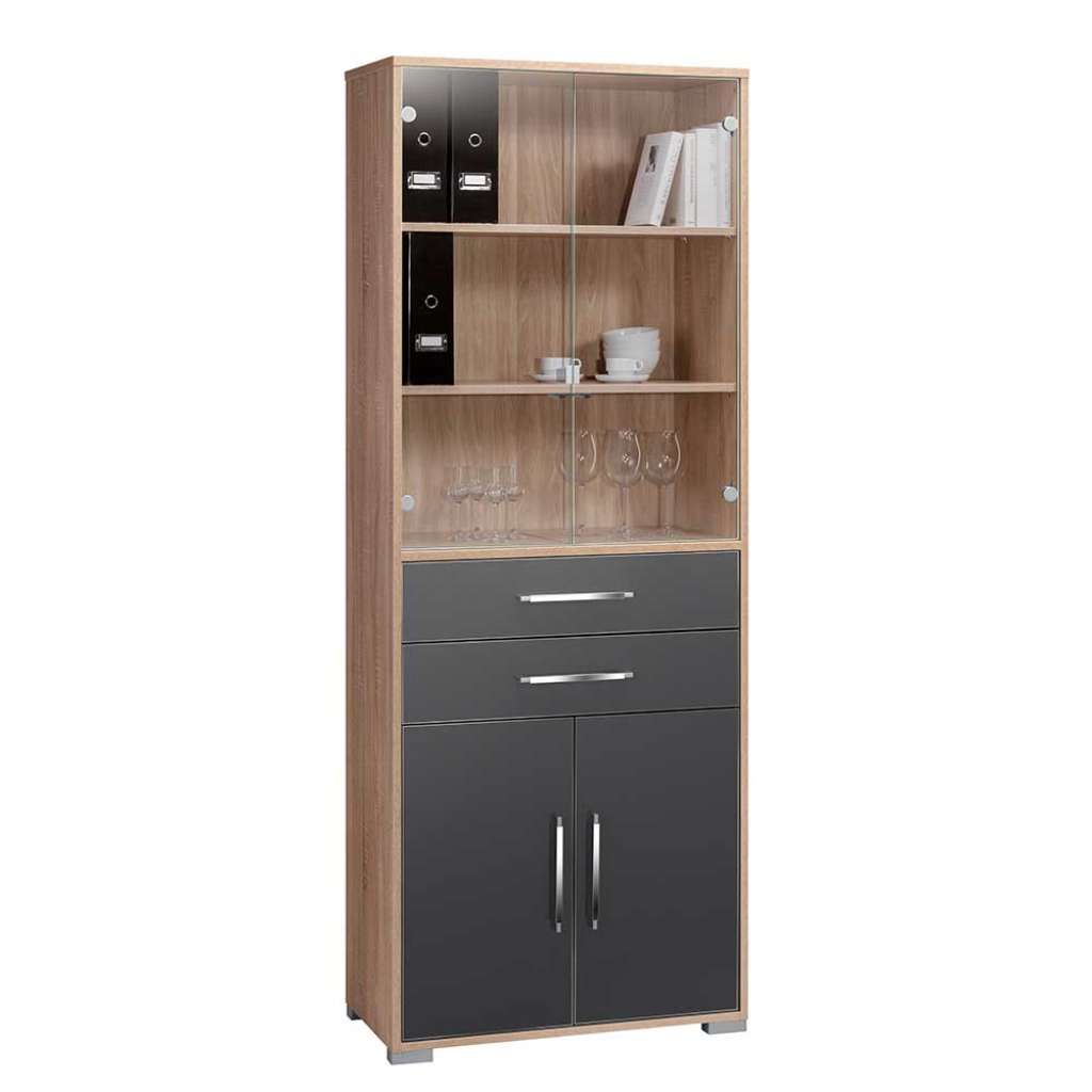 Büro Vitrinenschrank in Sonoma Eiche und Grau Hochglanz 80 cm breit