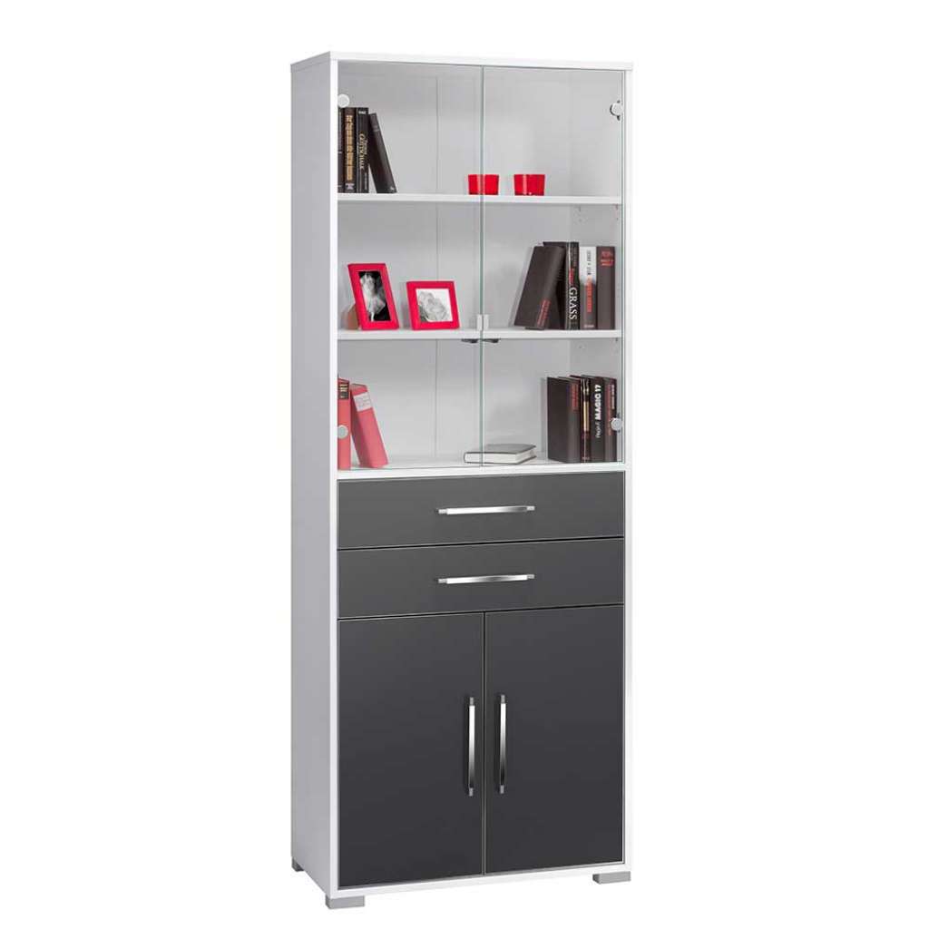 Schrank Vitrine in Weiß und Grau Hochglanz Büro