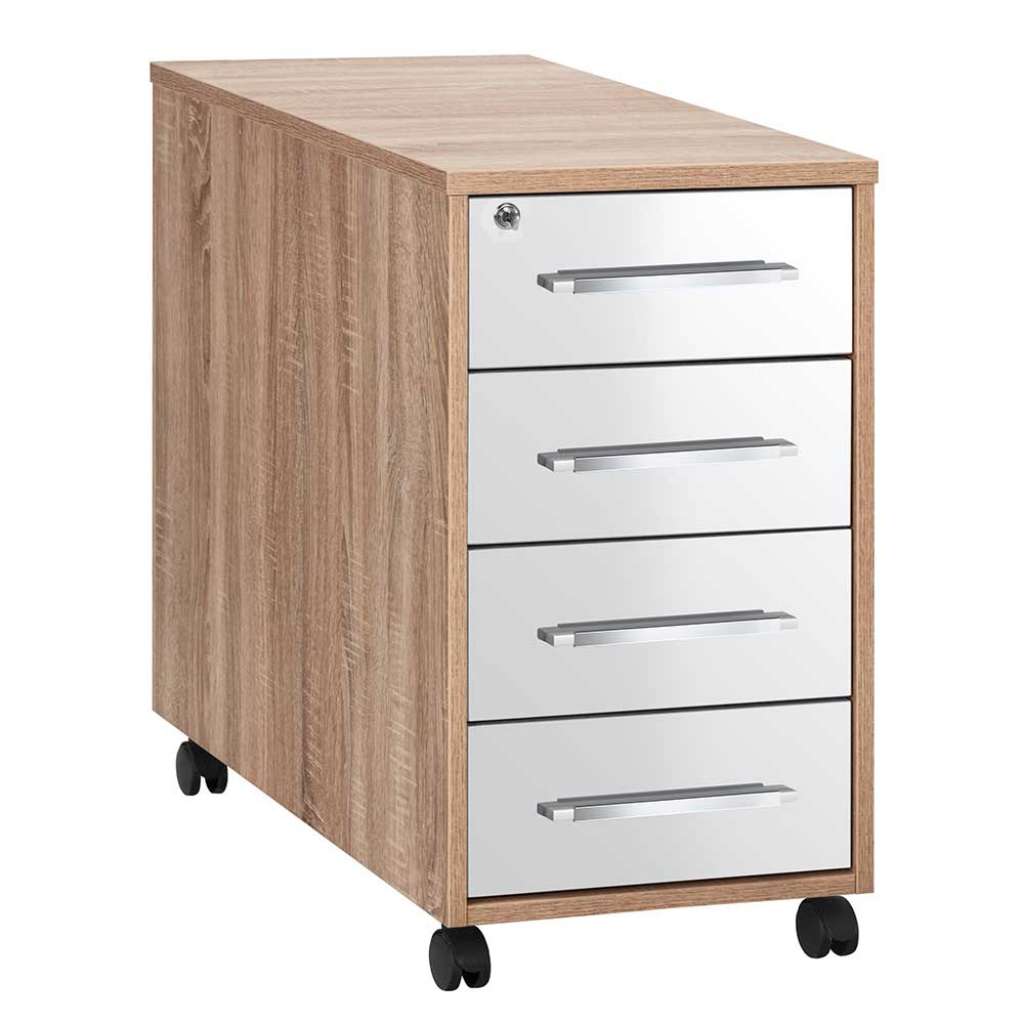 Schreibtisch Rollcontainer in Weiß Hochglanz und Eiche Sonoma abschließbar