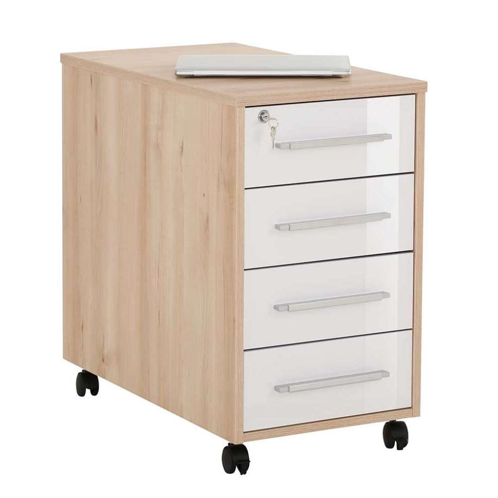 Bürorollcontainer in Weiß Hochglanz und Buche Optik abschließbar