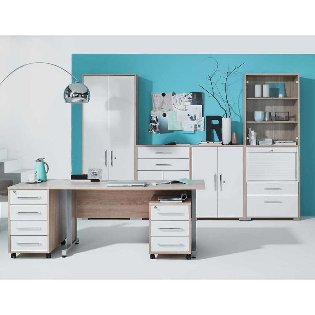 Büromöbel Set in Weiß und Sonoma Eiche Glas beschichtet (7-teilig)