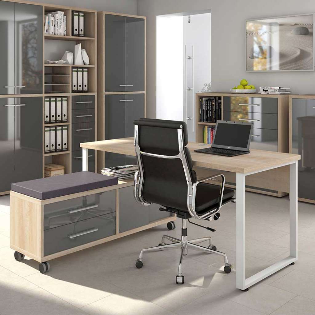 Büro Computertisch in Grau und Eiche Optik Sitz Rollcontainer (2-teilig)