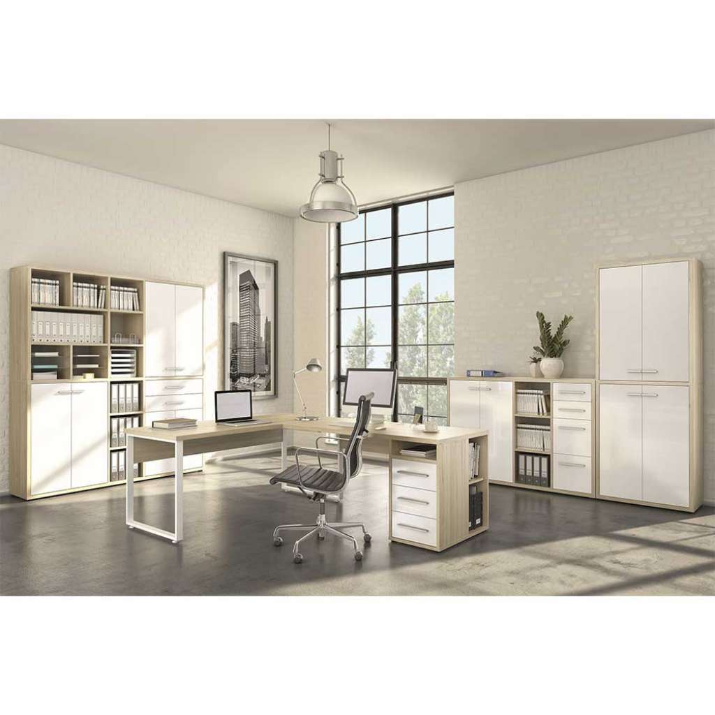 Komplettbüro in Eichefarben und Weiß Glas beschichtet (4-teilig)