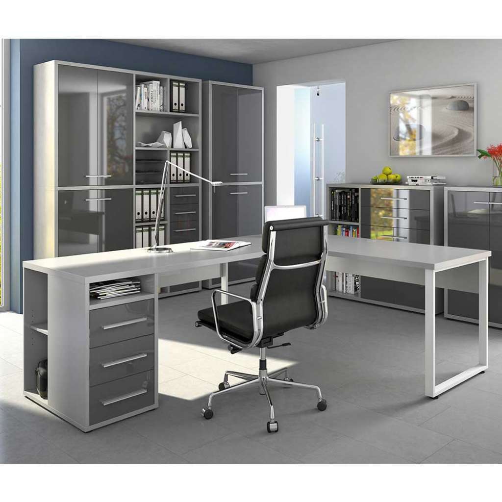 Winkelschreibtisch in Weiß und Grau 220 cm breit