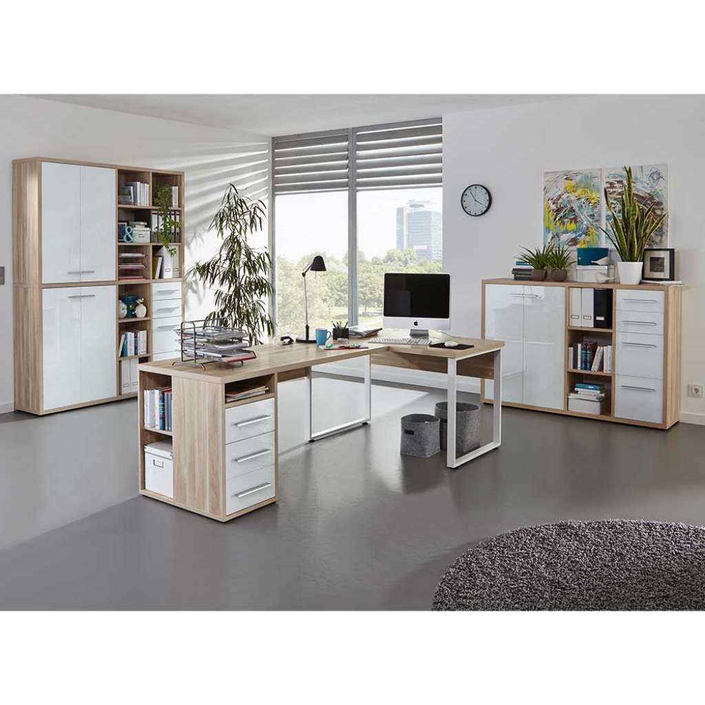 Arbeitszimmer Set in Eichefarben und Weiß Glas beschichtet (3-teilig)