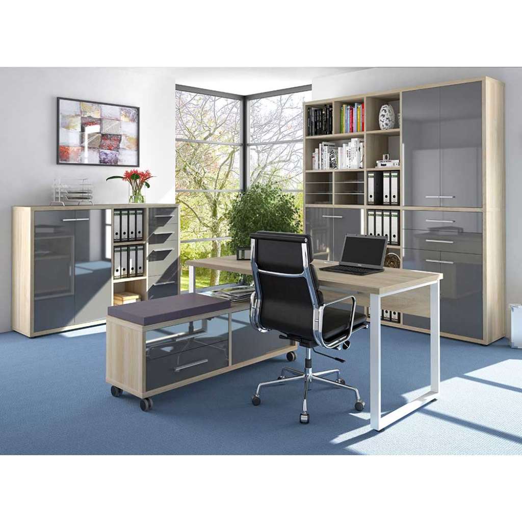 Büroausstattung in Grau und Eiche Optik Glas beschichtet (4-teilig)