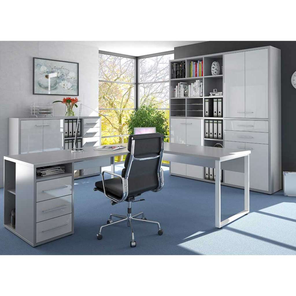Büromöbel Set in Weiß und Grau Made in Germany (3-teilig)