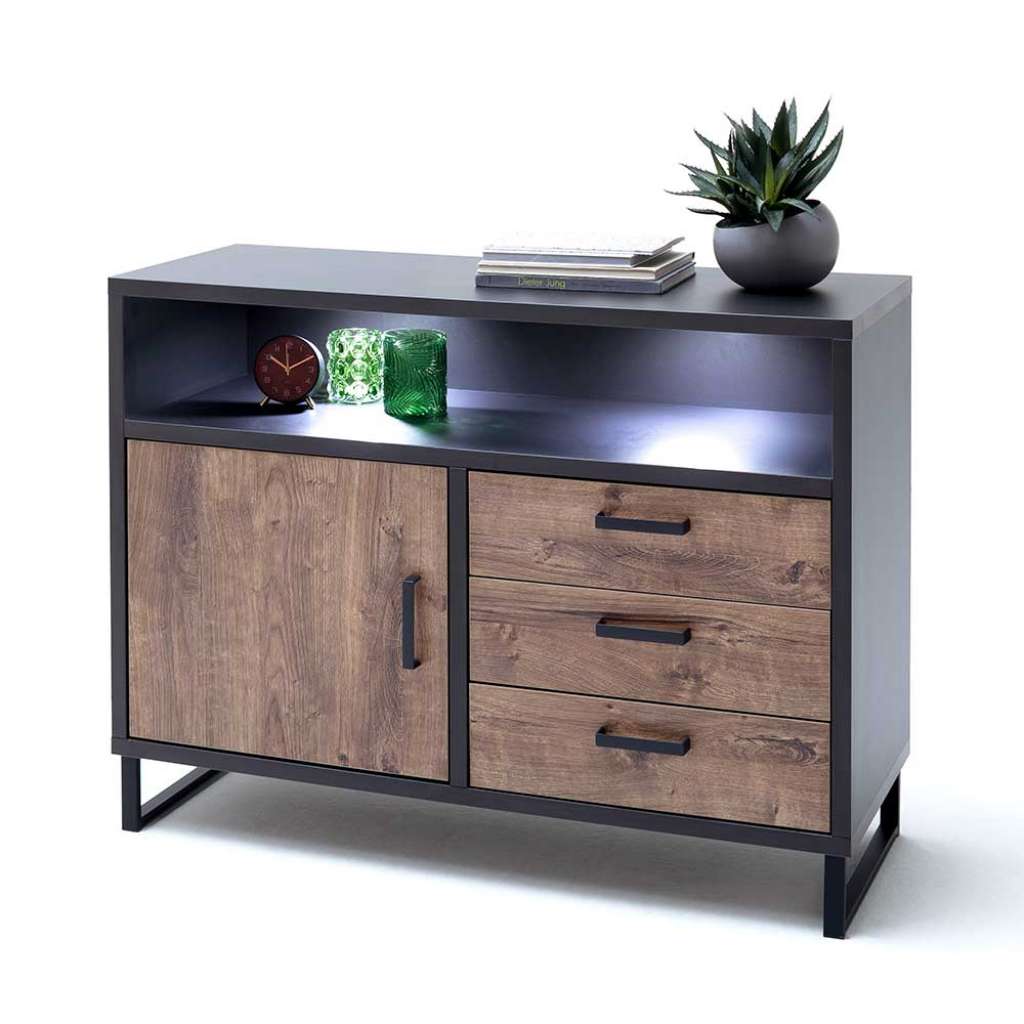 Wohnzimmer Sideboard in Eiche dunkel und Dunkelgrau offenem Fach