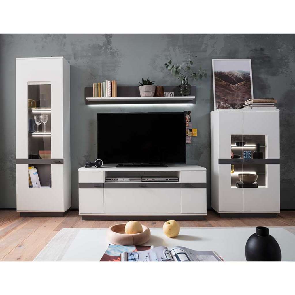 Wohnzimmer Anbauwand in Weiß und Grau 285 cm breit (4-teilig)