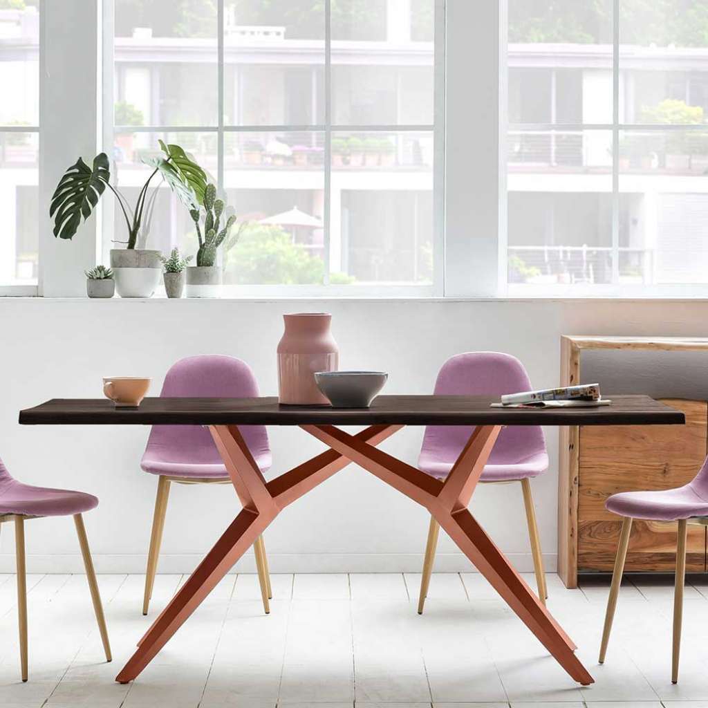 Esstisch in Eiche Grau massiv 4-Fußgestell aus Eisen in Braun