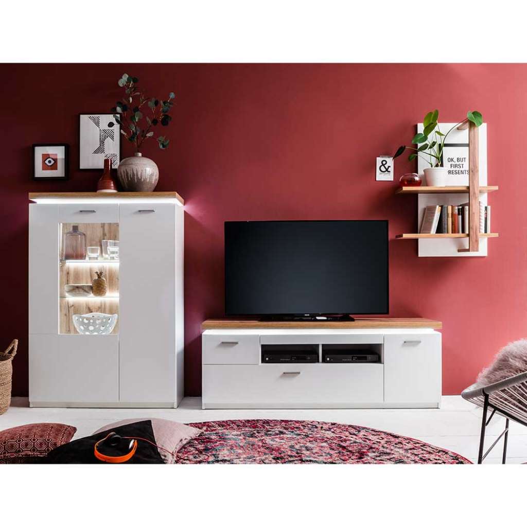 Design Wohnwand in Weiß und Wildeiche Optik LED Beleuchtung (3-teilig)