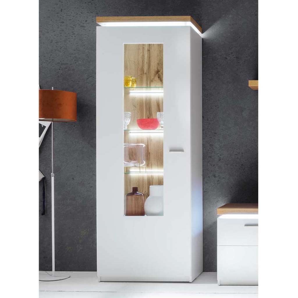 Wohnzimmervitrine in Weiß und Wildeiche Optik 70 cm breit