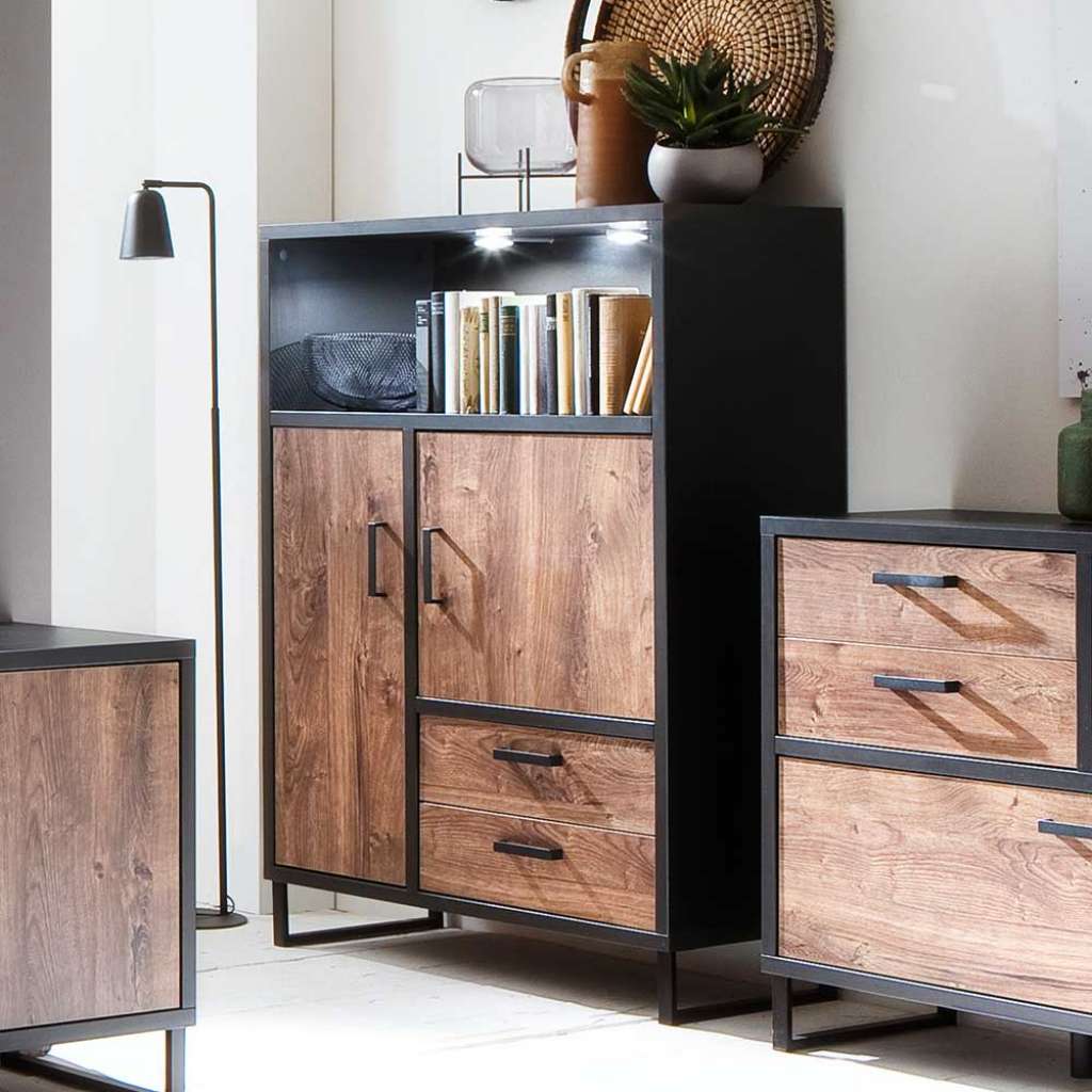 Wohnzimmer Highboard in Eiche dunkel und Dunkelgrau modern