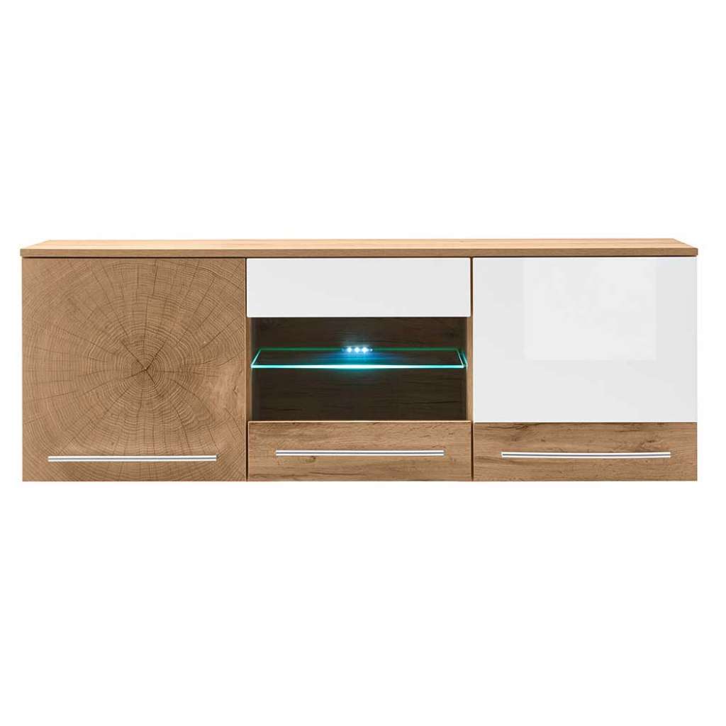 Wandvitrine in Wildeichefarben und Weiß Hochglanz modern