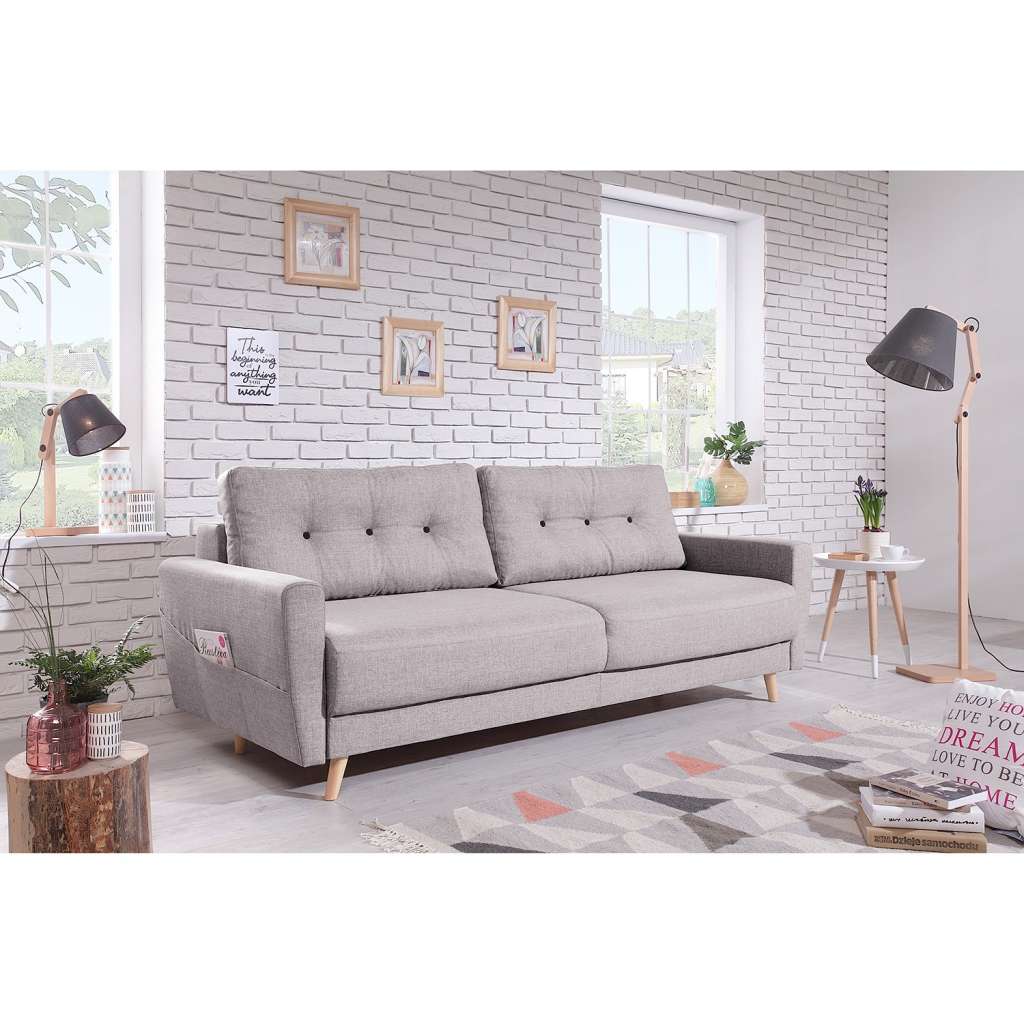 home24 Mørteens Sofa Sola 3-Sitzer Grau/Hellrose Webstoff 215x90x90 cm