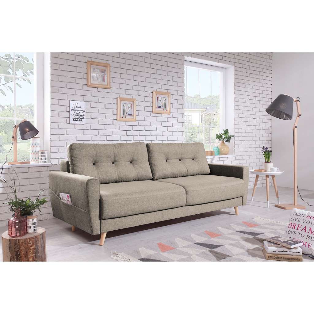 home24 Mørteens Sofa Sola 3-Sitzer Cappuccino Webstoff 215x90x90 cm mit Schlaffunktion