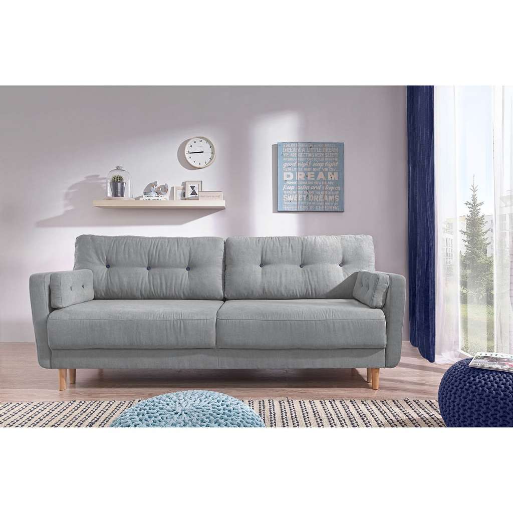 home24 Mørteens Sofa Primm 3-Sitzer Platin Microfaser 217x90x90 cm mit Schlaffunktion und Bettkasten