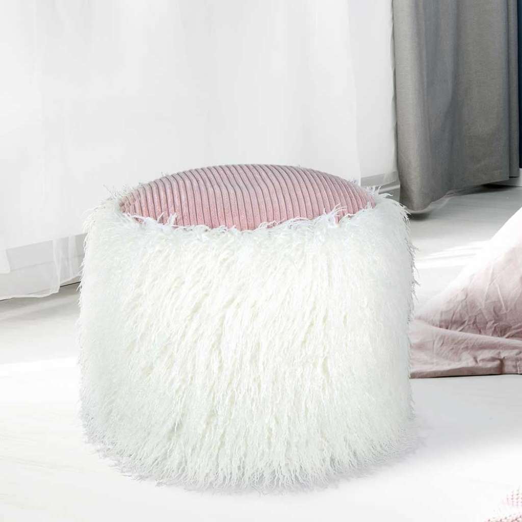 Retro Pouf in Weiß und Rosa Kunstfell und Cordstoff