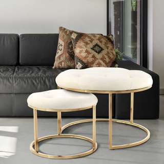 Couchhocker Set in Creme Weiß Webstoff Retrostil (2-teilig)