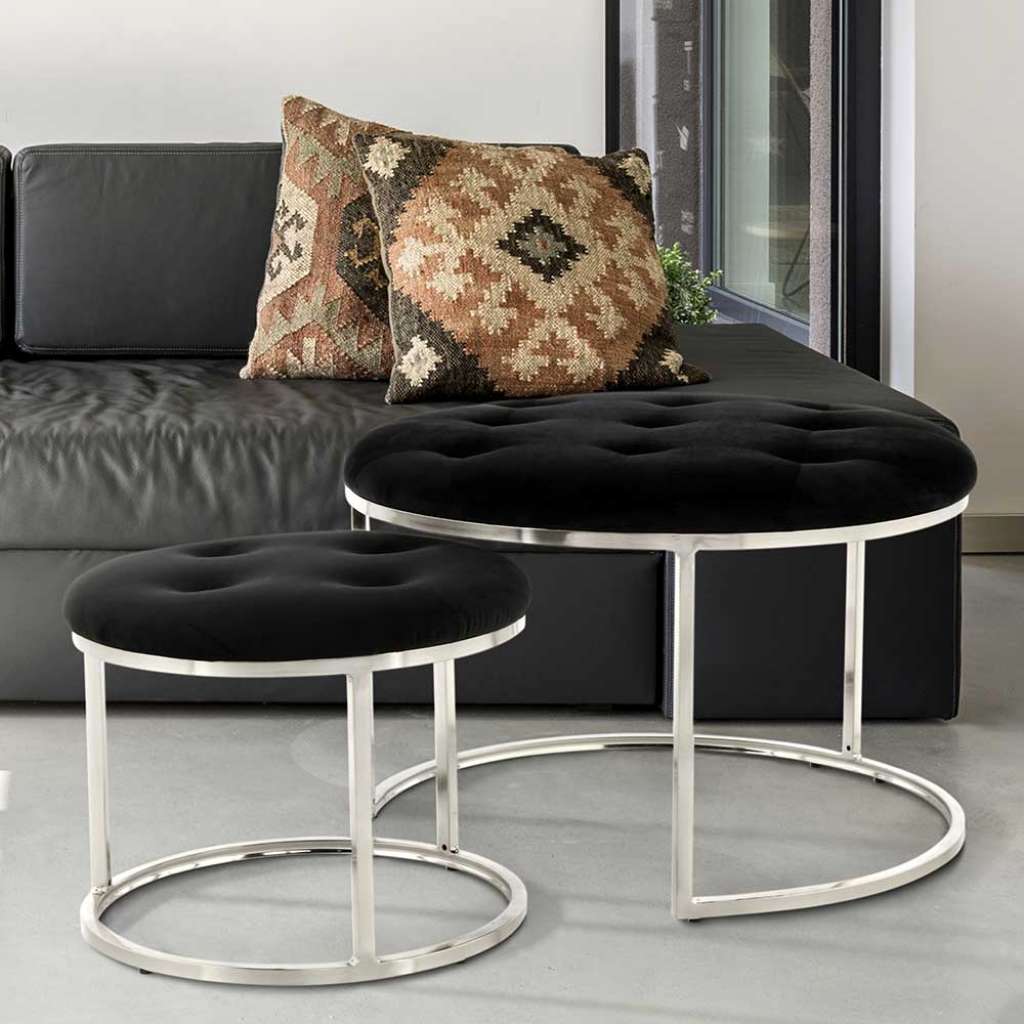 Retro Couchhocker in Schwarz Webstoff Bügelgestell in Silberfarben (2-teilig)