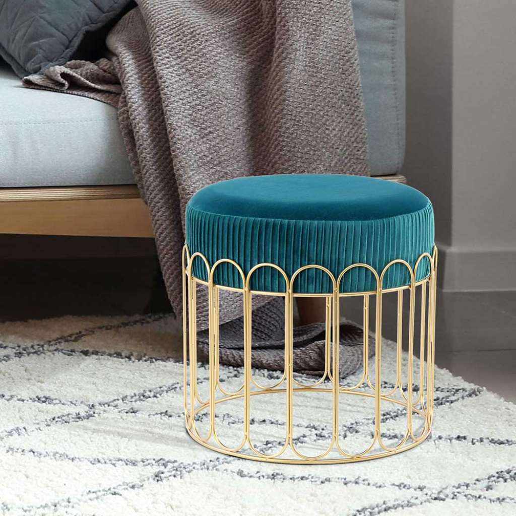 Beistellhocker in Petrol Samt Retrostil