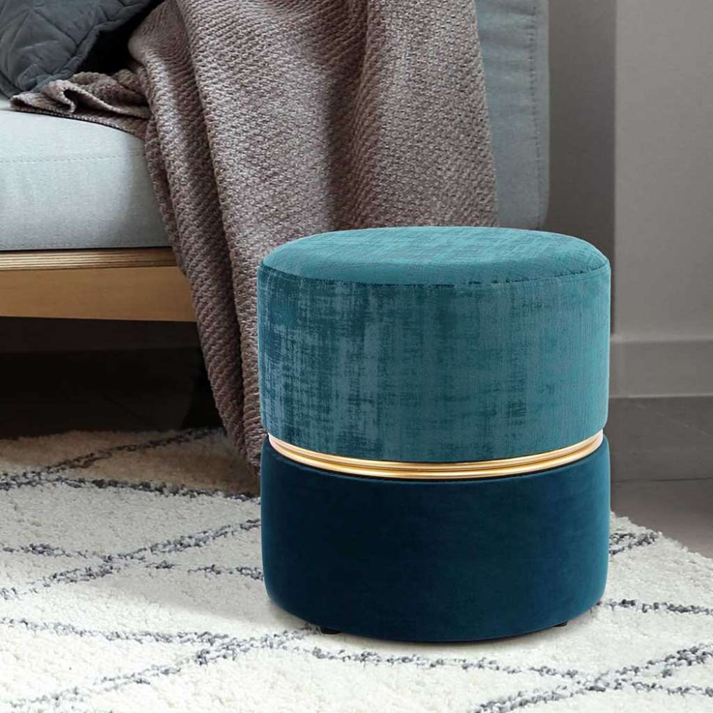 Polsterhocker in Petrol und Dunkelgrün Samt Retrostil
