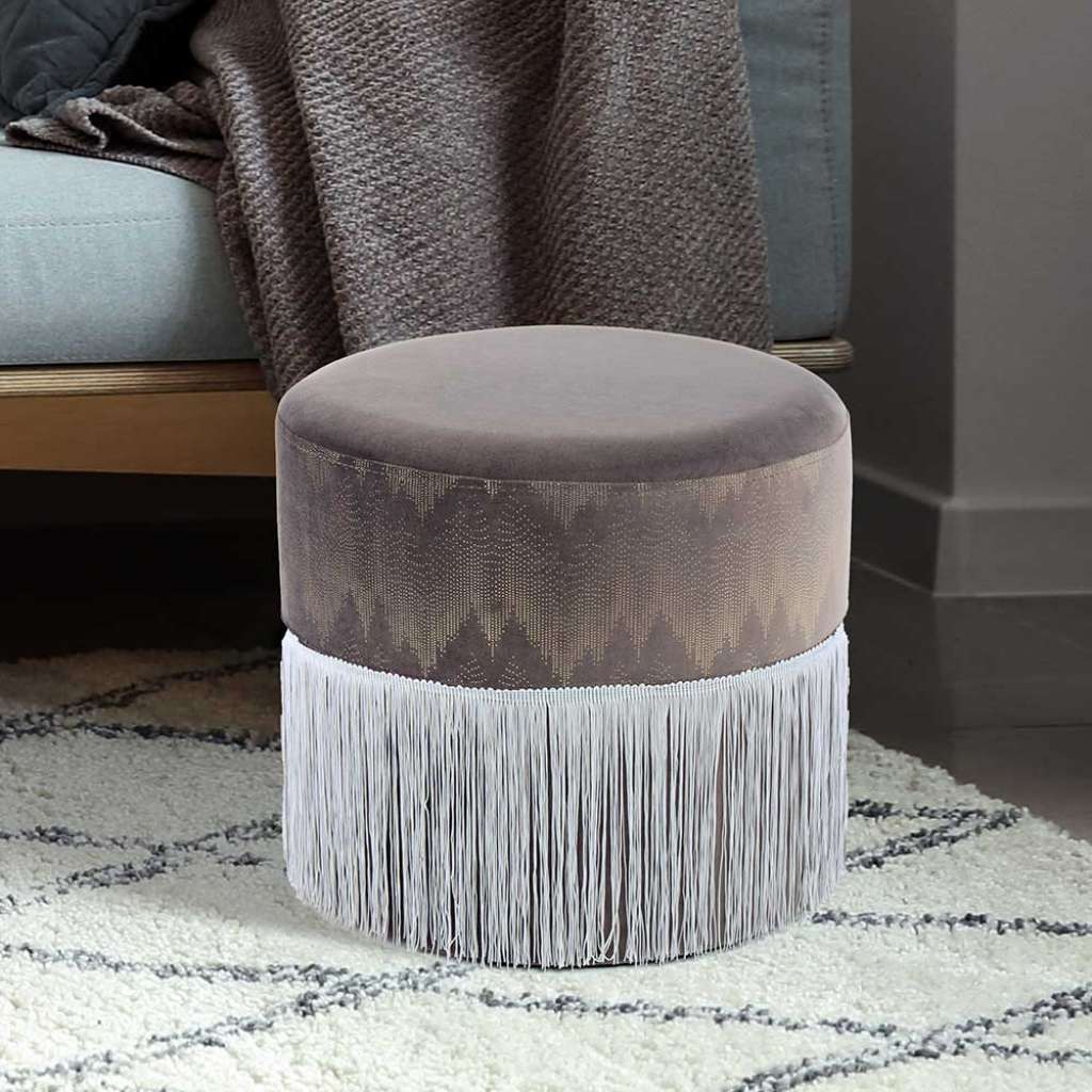 Beistellhocker in Grau Samt Fransen